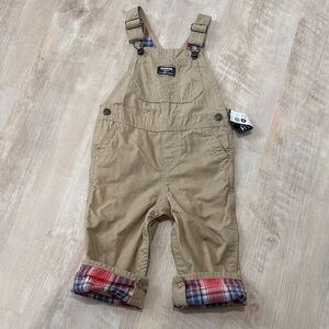 OshKosh B'gosh Tan Overalls with Red Plaid Cuffs